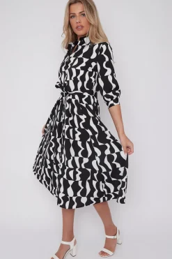 Mono Geometric Print Half Sleeve Midi Shirt Dress by LOVE SUNSHINE