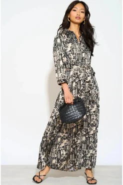 Mono Mixed Scarf Print Satin Maxi Shirt Dress by LOVE SUNSHINE