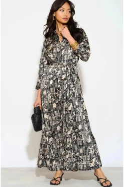 Mono Mixed Scarf Print Satin Maxi Shirt Dress by LOVE SUNSHINE