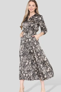 Mono Mixed Scarf Print Satin Maxi Shirt Dress by LOVE SUNSHINE