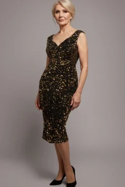 Multi Sequin & Velvet Bardot Midi Dress - Gold by Goddiva