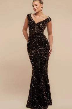 Multi Sequin & Velvet Bardot Maxi - Gold by Goddiva