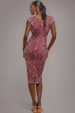 Multi Sequin & Velvet Bardot Midi Dress - Blush Pink by Goddiva