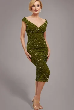 Multi Sequin & Velvet Bardot Midi Dress - Olive Green by Goddiva