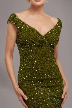 Multi Sequin & Velvet Bardot Midi Dress - Olive Green by Goddiva