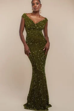 Multi Sequin & Velvet Bardot Maxi Dress - Olive Green by Goddiva