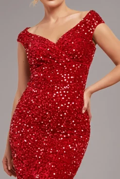 Multi Sequin & Velvet Bardot Midi Dress - Red by Goddiva