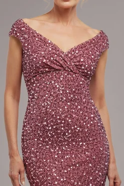 Multi Sequin & Velvet Bardot Midi Dress - Blush Pink by Goddiva