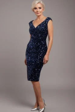 Multi Sequin & Velvet Bardot Midi Dress - Navy Blue by Goddiva