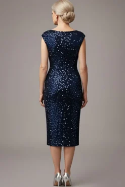 Multi Sequin & Velvet Bardot Midi Dress - Navy Blue by Goddiva