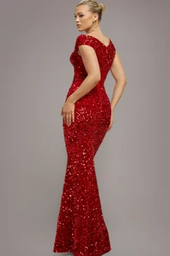 Multi Sequin & Velvet Bardot Maxi Dress - Red by Goddiva