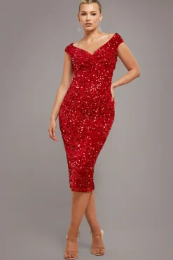 Multi Sequin & Velvet Bardot Midi Dress - Red by Goddiva