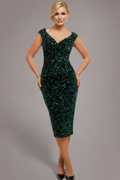 Multi Sequin & Velvet Bardot Midi - Emerald Green by Goddiva