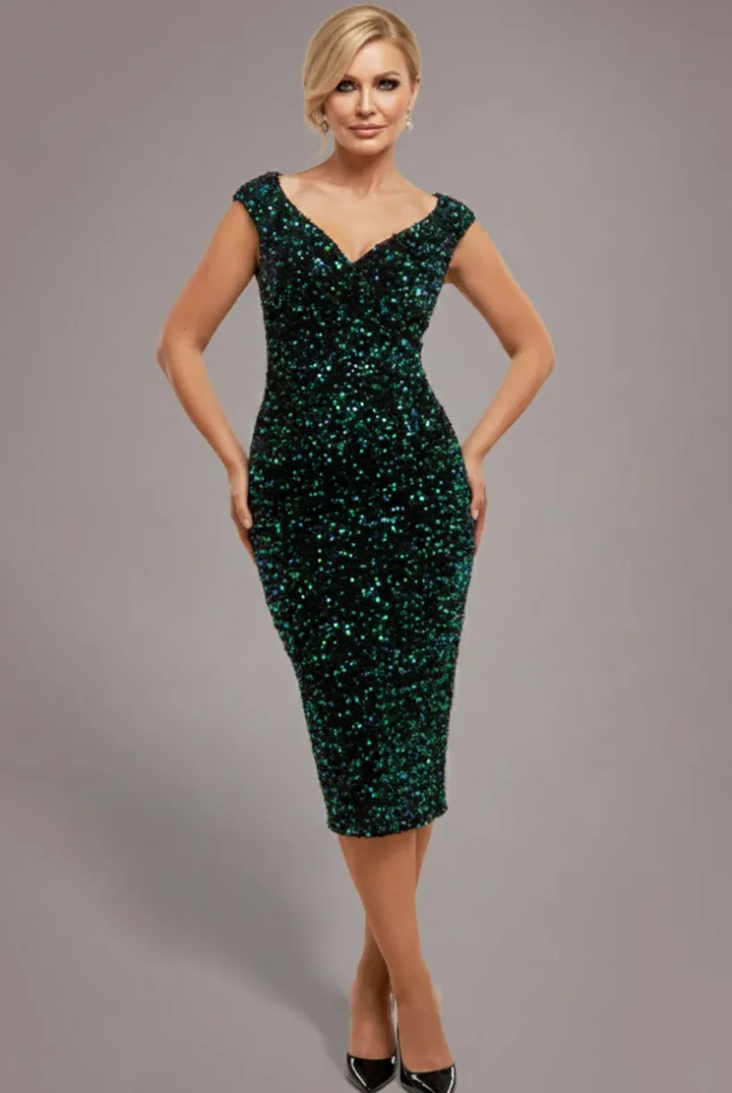 Multi Sequin & Velvet Bardot Midi - Emerald Green by Goddiva