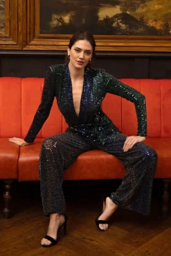 Multicolour Sequin Faux Wrap Long Sleeve Cocktail Jumpsuit by Angeleye
