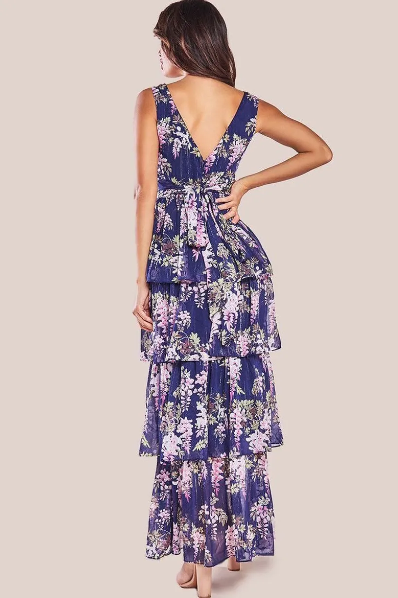 Multilayered Chiffon Maxi Dress - Navy Floral by Goddiva