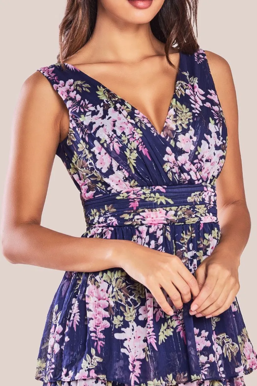 Multilayered Chiffon Maxi Dress - Navy Floral by Goddiva