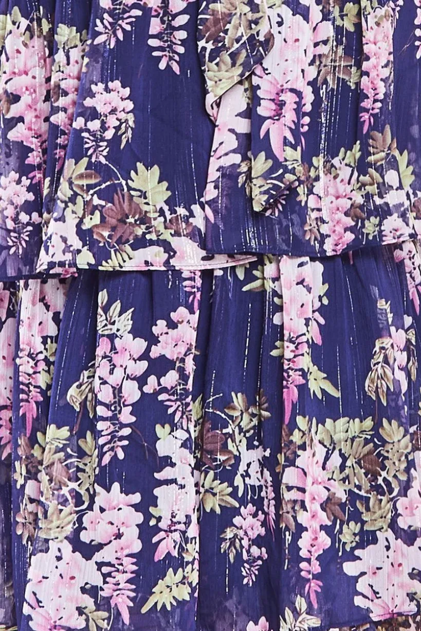 Multilayered Chiffon Maxi Dress - Navy Floral by Goddiva