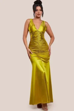 Multi-Tied Satin Gathered Ring Maxi Dress - Lime Green by Goddiva