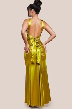 Multi-Tied Satin Gathered Ring Maxi Dress - Lime Green by Goddiva
