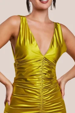 Multi-Tied Satin Gathered Ring Maxi Dress - Lime Green by Goddiva