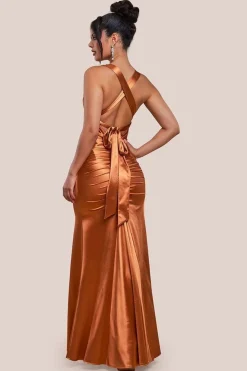 Multi-Tied Satin Gathered Ring Maxi Dress - Bronze by Goddiva