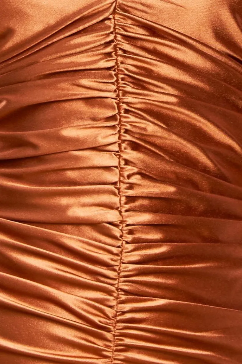 Multi-Tied Satin Gathered Ring Maxi Dress - Bronze by Goddiva