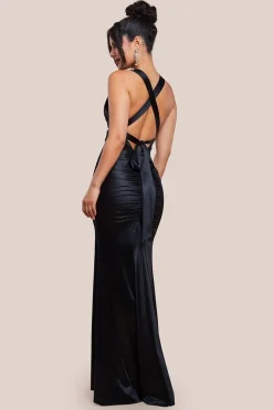 Multi-Tied Satin Gathered Ring Maxi Dress - Black by Goddiva