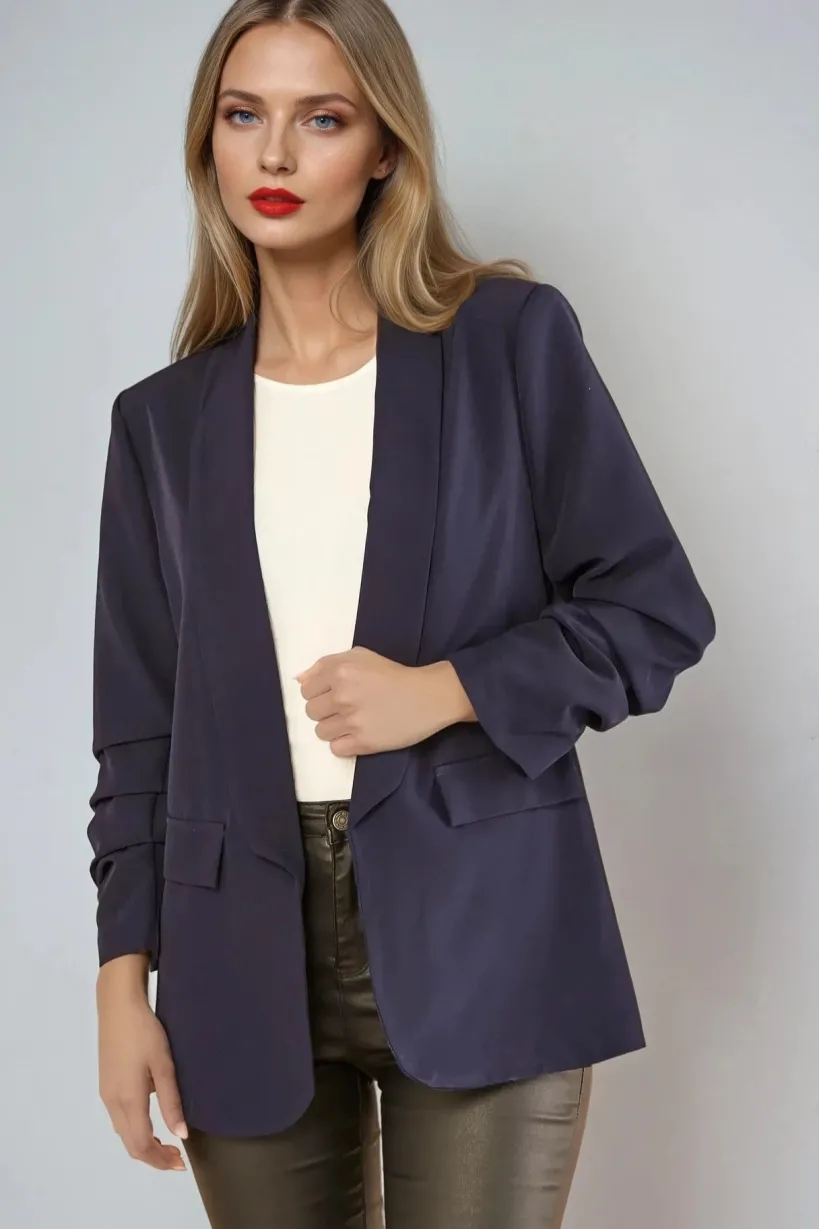 Navy Blazer With Ruched Sleeves by Aftershock London