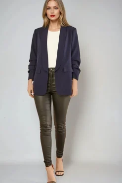 Navy Blazer With Ruched Sleeves by Aftershock London