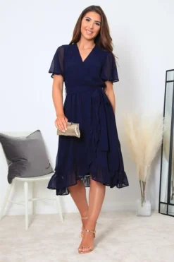 Navy Chiffon Wrap Dress With Tea Sleeve by Double Second