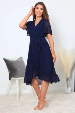 Navy Chiffon Wrap Dress With Tea Sleeve by Double Second