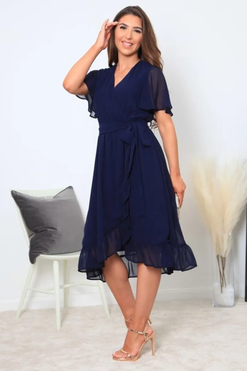 Navy Chiffon Wrap Dress With Tea Sleeve by Double Second