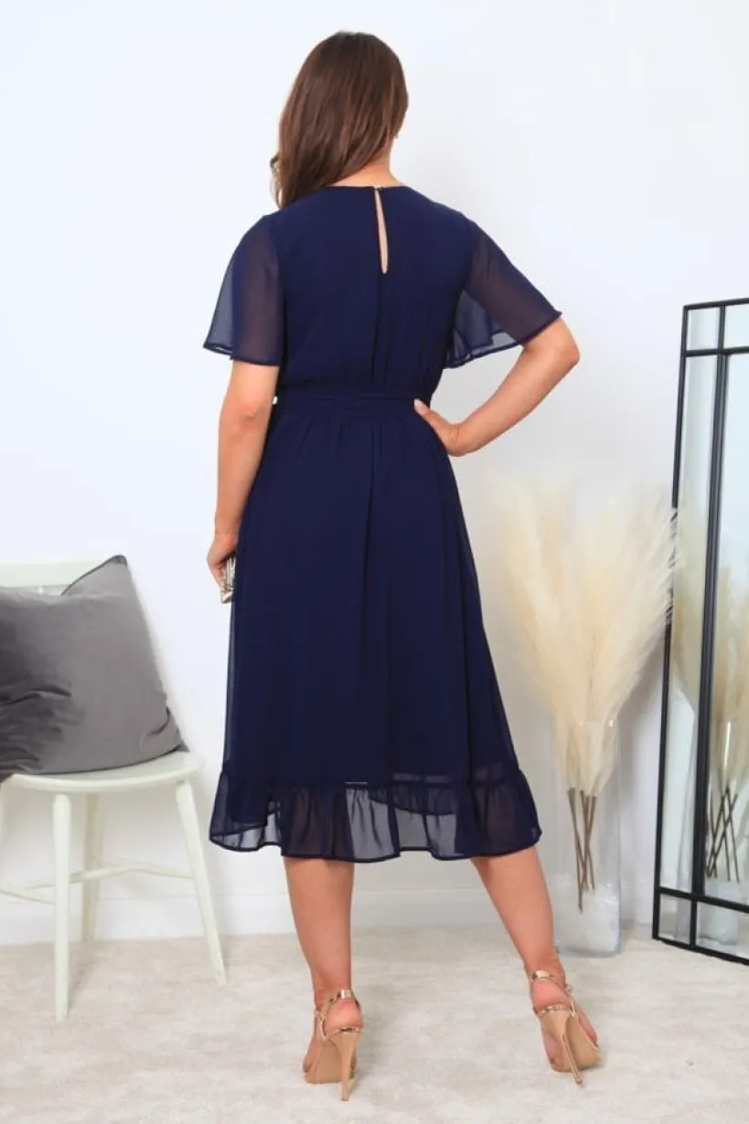 Navy Chiffon Wrap Dress With Tea Sleeve by Double Second