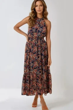Navy Floral Print Halterneck Dress by Aftershock London