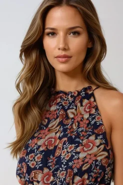 Navy Floral Print Halterneck Dress by Aftershock London