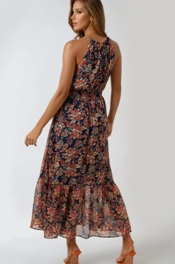 Navy Floral Print Halterneck Dress by Aftershock London