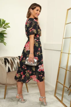 Navy Floral Printed Midi Wrap Dress by Double Second