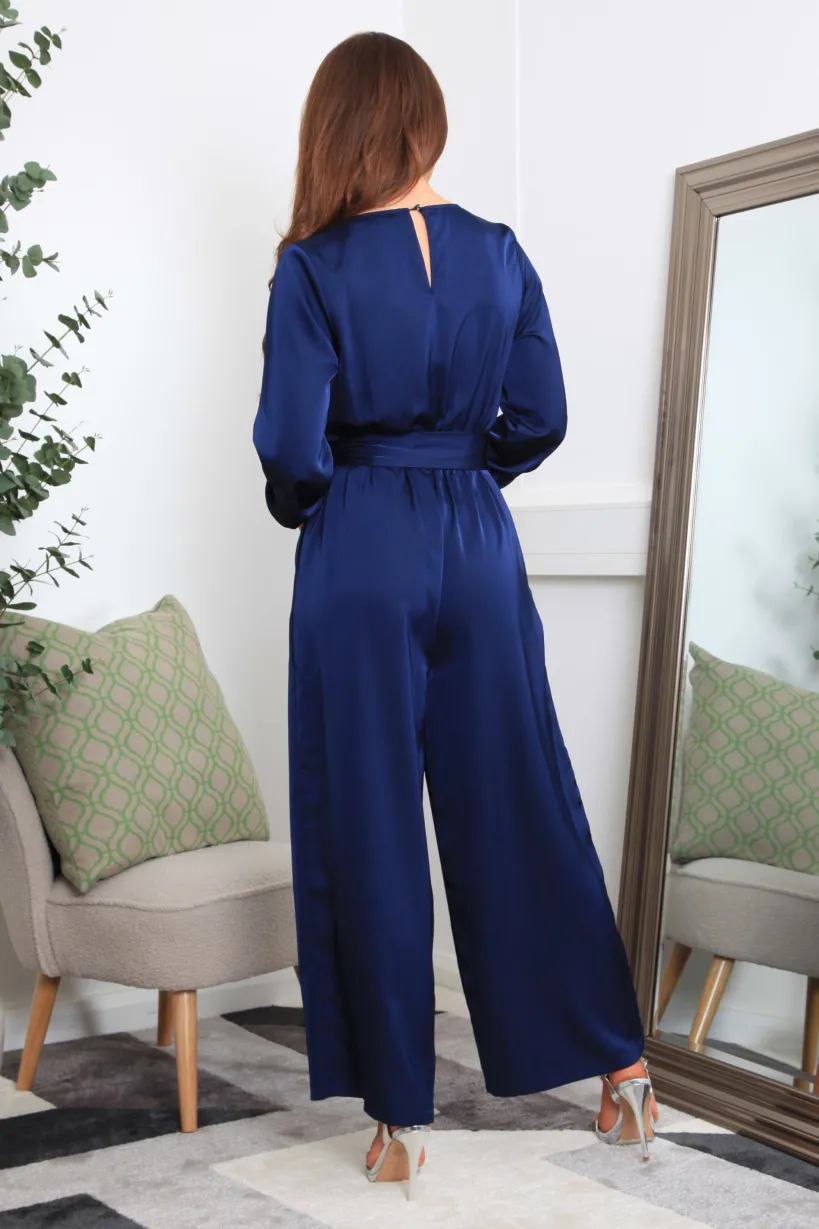 Navy Lux Satin Wrap Jumpsuit by Double Second