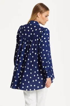 Navy Polka Dot Flared Hem Blouse by Liquorish