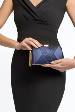Navy Satin Clutch Bag With Tassels by Aftershock London