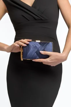 Navy Satin Clutch Bag With Tassels by Aftershock London