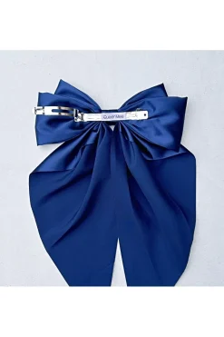 Navy Satin Hair Bow Navy Hair Clip Long Bow by QueenMee Accessories