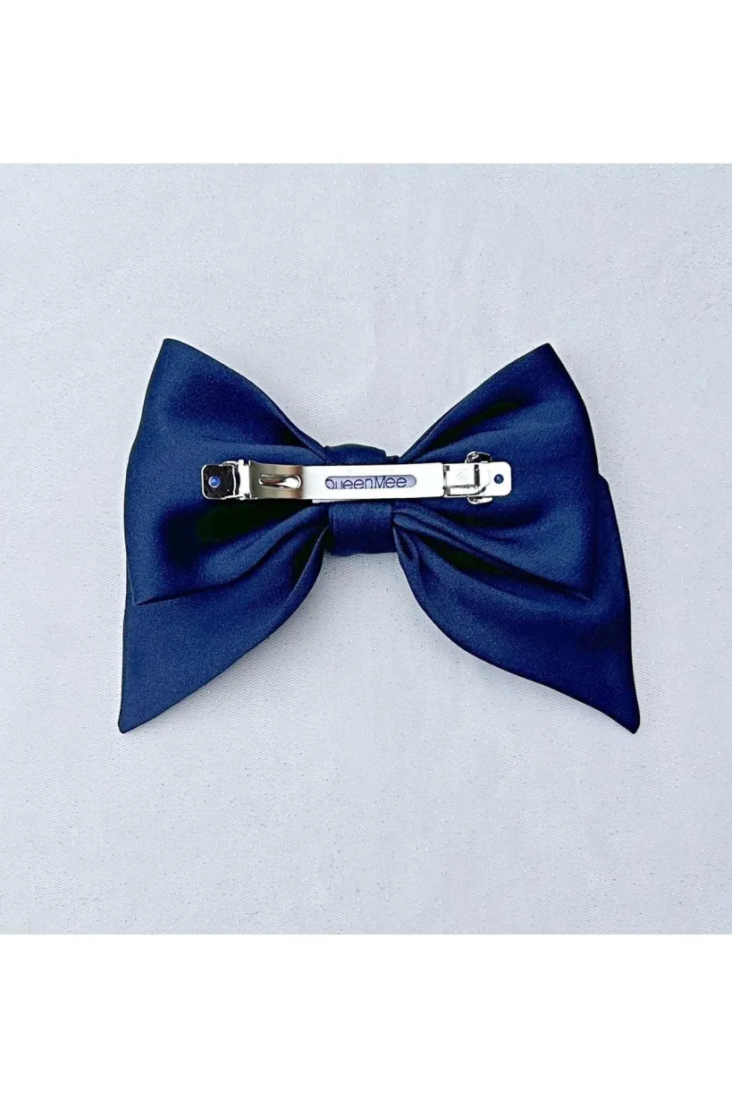 Navy Satin Hair Bow Navy Blue Hair Clip by QueenMee Accessories