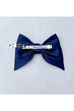 Navy Satin Hair Bow Navy Blue Hair Clip by QueenMee Accessories