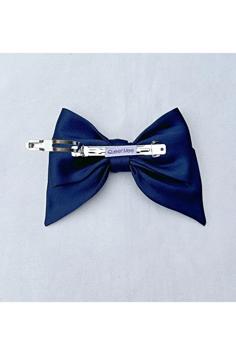 Navy Satin Hair Bow Navy Blue Hair Clip by QueenMee Accessories