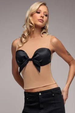 Nude Mesh Sleeveless Taffeta Bow Top - Black by Goddiva