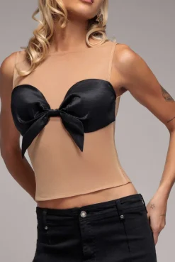 Nude Mesh Sleeveless Taffeta Bow Top - Black by Goddiva