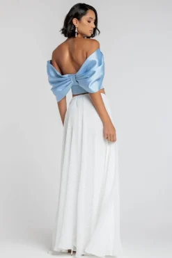 Off Shoulder Back Satin Bow Scuba Corset - Light Blue by Goddiva