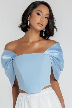 Off Shoulder Back Satin Bow Scuba Corset - Light Blue by Goddiva